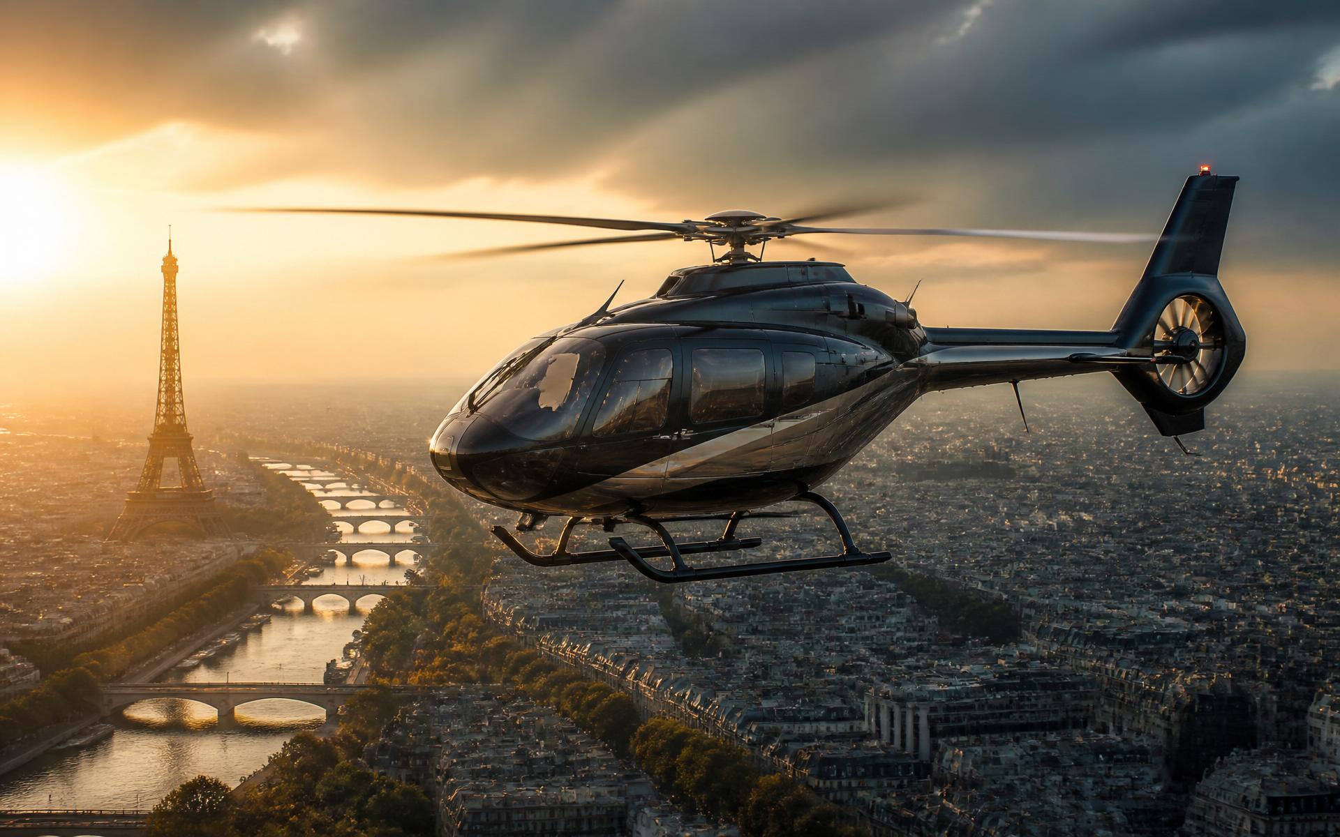 Hélicoptère survolant Paris au coucher de soleil
